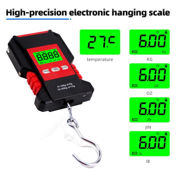 Balance numérique étanche à l'eau et rechargeable suspendue Balance de bagages 50 kg 0,01 kg Affichage LCD Balance de pêche avec ruban à mesurer IP68
