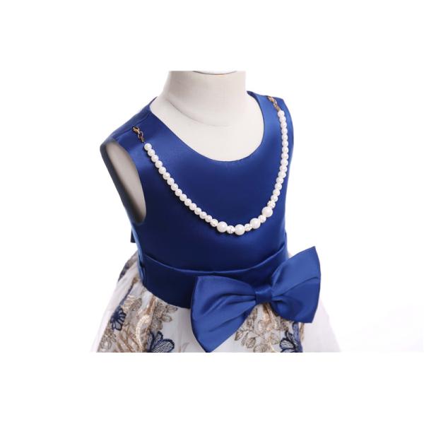 O-Neck Satin Girl Dress Embroidered Mesh Dress Dark Blue Pearl Necklace Dresses Disfraz Rapunzel Niña Enfant Girls Winte