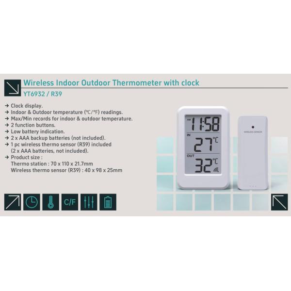 Factory Direct Sale digital thermometer household thermometers Wireless Indoor Outdoor Thermometer with Clock