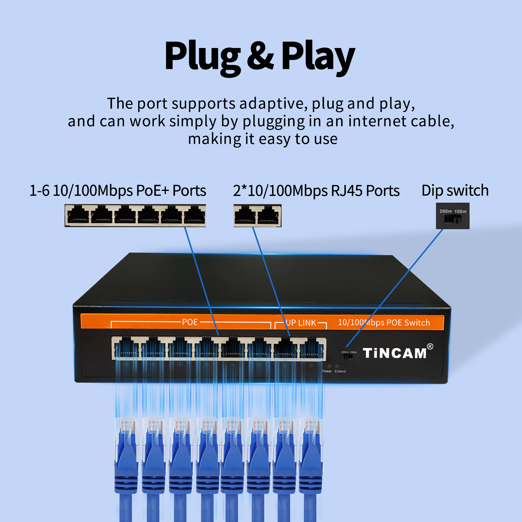 8 Port Fast Ethernet PoE Switch 6 PoE Ports 2 Uplink Ports 10/100Mbps Unmanaged IEEE 802.3af/at 250m Extend Metal Case 65W TBC-PS4308N