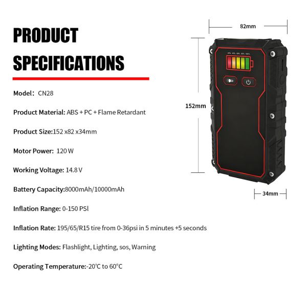8000mAh 10000mAh 3 In One Jump Starter With Tire Inflator Power Bank 12V Emergency Battery Jumper Pack