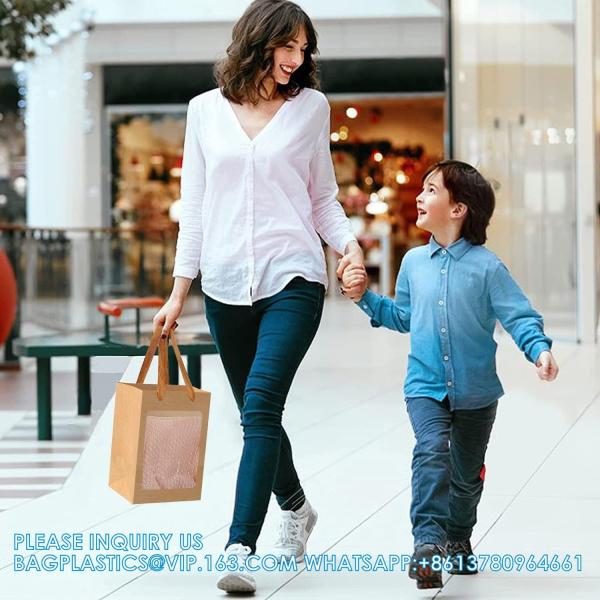 Kraft Shopping Bags With Handles For Present, Festivals Party Gift Bags With Transparent Window