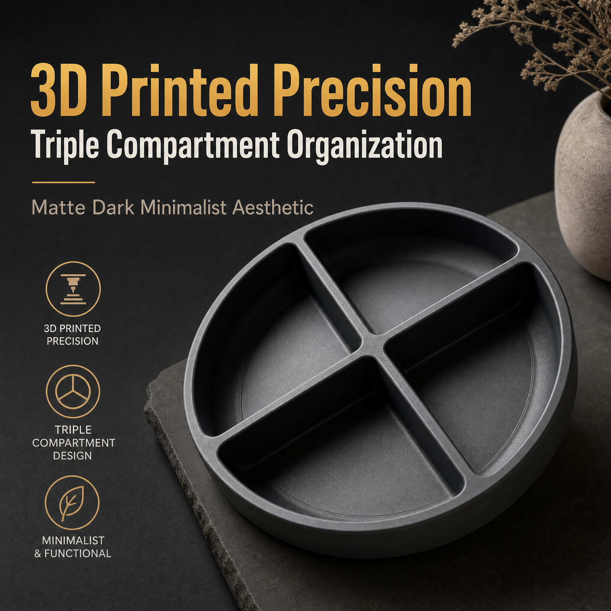 Dark Tone 3D Printed Decor Snack Storage Glossy Divided Tray Triple Compartment