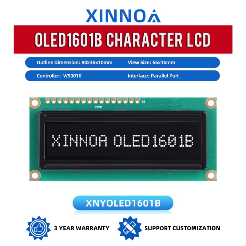 OLED1601B Black Film, 16x1 Character OLED LCD Display, WS0010 Controller, Parallel Interface, 66x16mm View Size