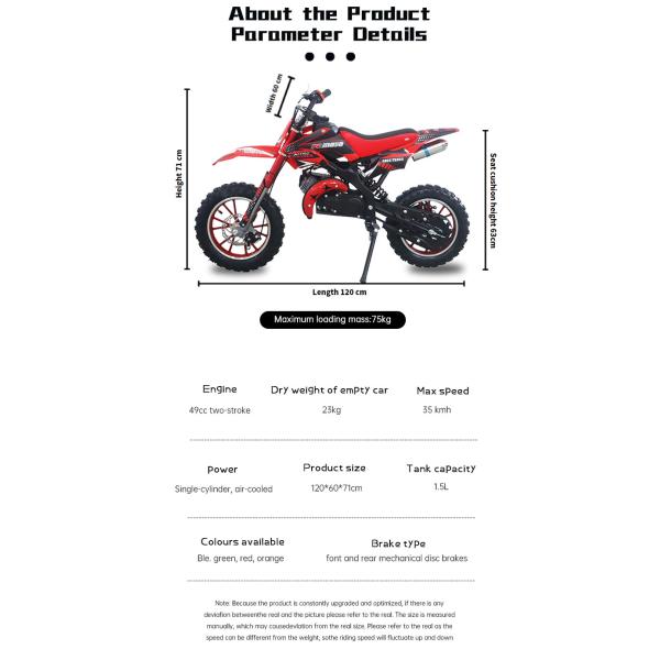 CE Approved 49cc 2 Stroke Kids Orion PCA01 Dirt Bike MAX LOAD 100kg Tires 2.50-10