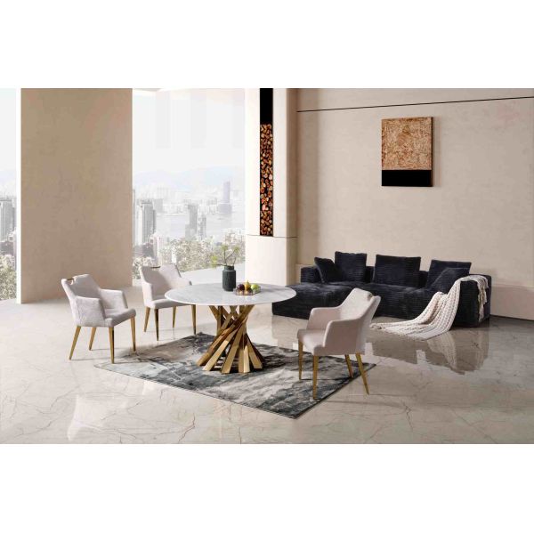 T1042 Modern Round Marble Dining Table with Gold Crisscross Metal Base