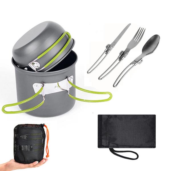Outdoor Portable Aluminum Camping Pot Cookware Set Tableware Set with Grey Green Handle