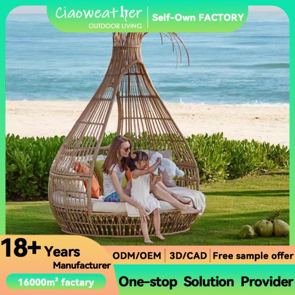 Modern Outdoor Furniture Wicker Bird's Nest Shaped Sofa Bed with Waterproof Cushion and Woven Rattan Beds