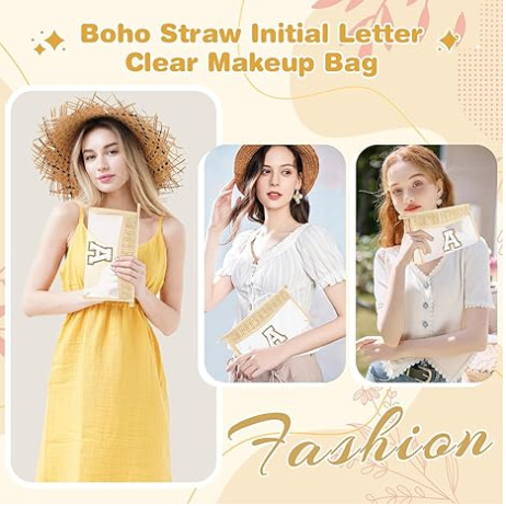 Straw woven clear Chenille Alphabet Makeup Bag Portable zipper waterproof PVC portable travel toiletry bag