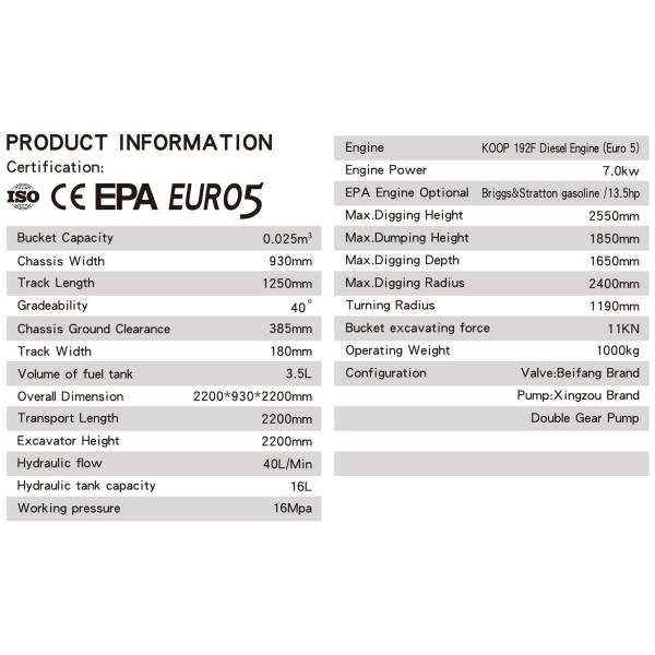 Дизельный мини-экскаватор KV12-B с дизельным двигателем KOOP 192F