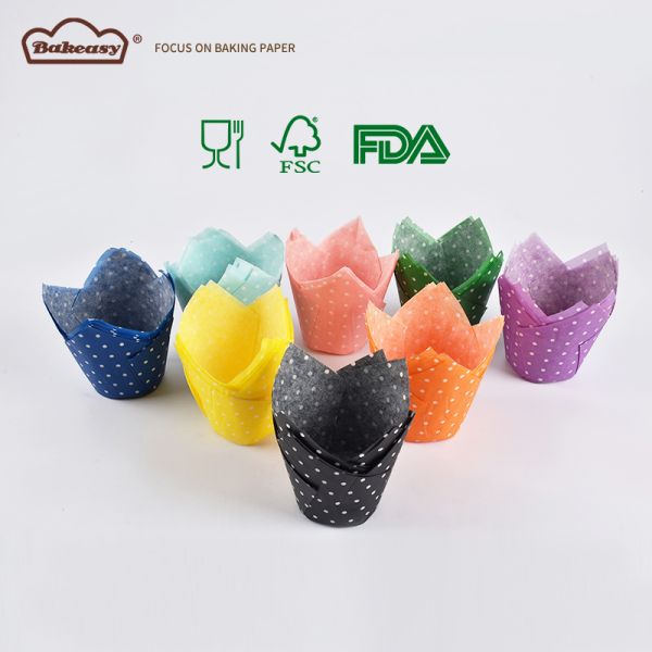 Tulip Shape Muffin Baking Paper Cups, Oil Proof Thick Parchment Cupcake Liners, Disposable Decorative Cake Paper Holders for Birthday Wedding Bakery Supplies