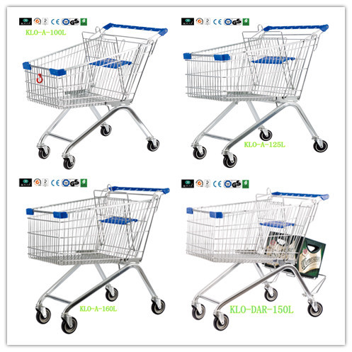 Customized Curved Handle Supermarket Shopping Trolley 100L Basket Volume