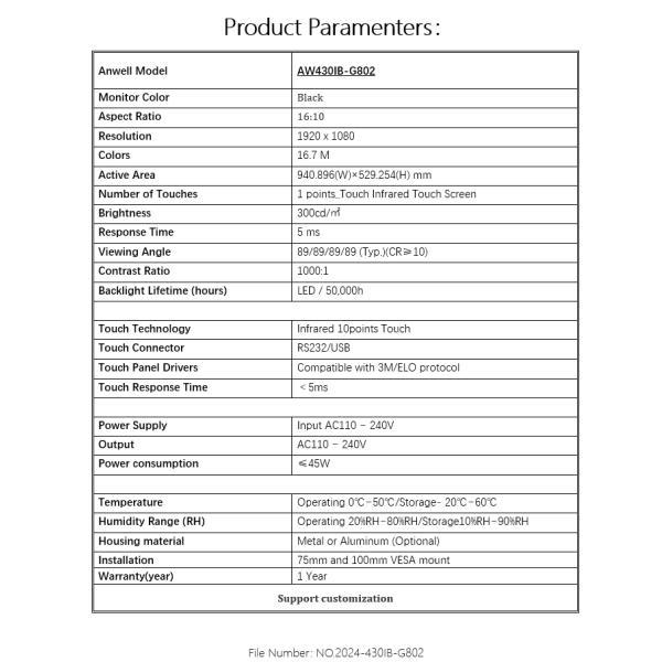 VGA DVI IR 3M Infrared Touch Screen Monitor 10points 43 Inch  For Gaming Machine