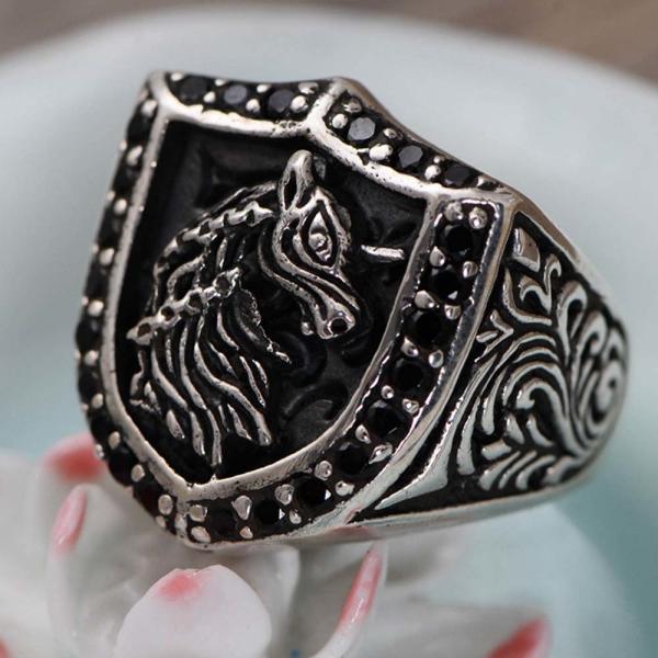 Retro Sterling Silver Engraved Unicorn Pave Black Cubic Zircon Men Ring (043890)