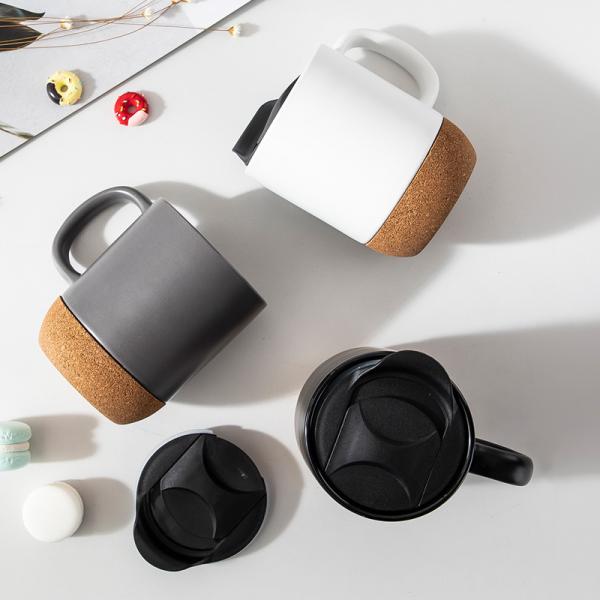 450ML Custom Logo Matte Black White Cork Base Ceramic Coffee Travel Mug With PP Lid