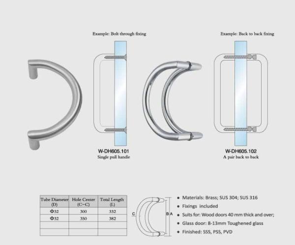 gate handles brass / SUS exterior door handles set Dia. 32mm tub curved design W-DH605 glass shower door  handle