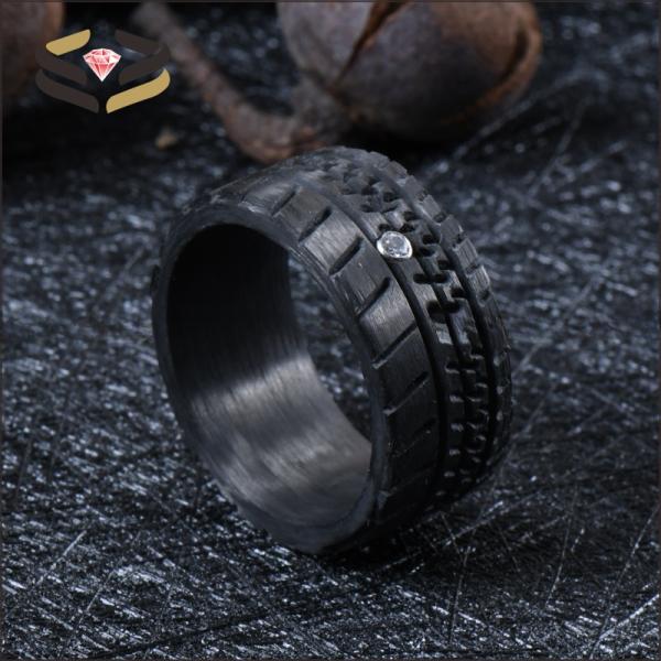 Round Black Carbon Fiber Band 10mm With Cubic Zirconia Inlay And Truck Tire Pattern