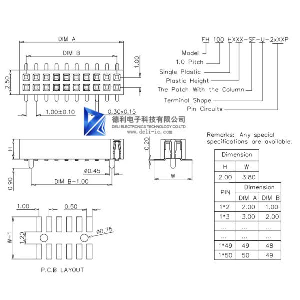 Brass Contact Pitch 1.00mm Pcb Connector Female Header 0.75 Amps 300v Dual Row SF-U Series