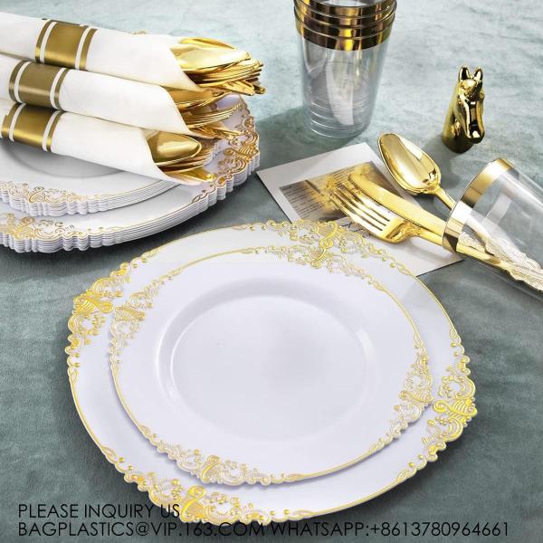 Gold Disposable Plates For 100 Guests, Plastic Plates For Party, Dinnerware Set Of Dinner Plates, Salad Plates