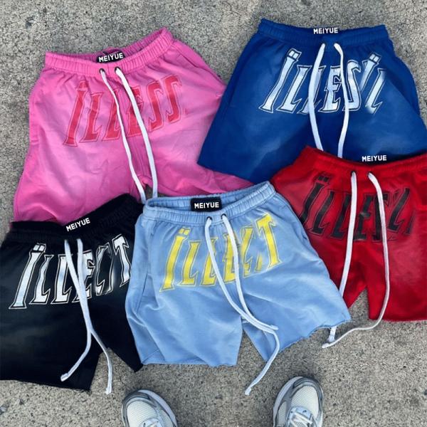 Logotipo personalizado Impresión de pantalla de seda ropa callejera Vintage algodón francés Terry Patch bordado con cuerda de tira Lavado de ácido pantalones cortos para hombres