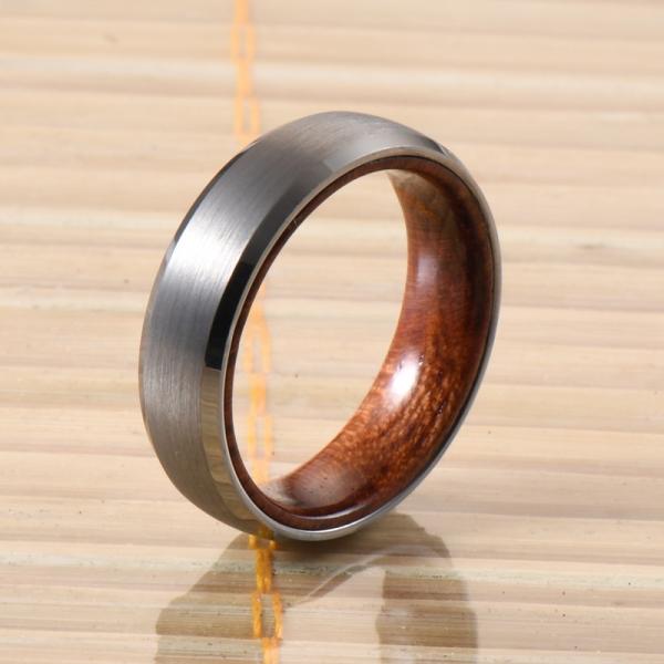 Tungsten Ring Men's Women's 6mm Silver or Black Plated Wedding Engagement Band Rose Wood Inside Beveled Edges Comfort Fit