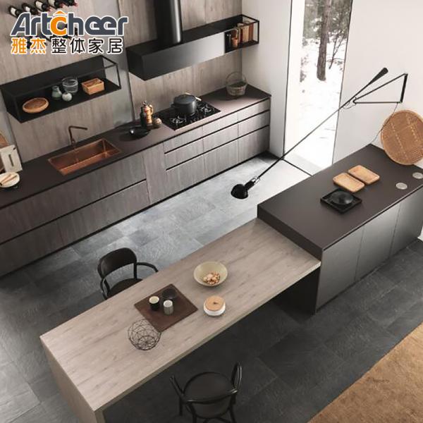 Customized Color Aluminium Kitchen Cabinets with Flat Edge Countertop and Dining Table