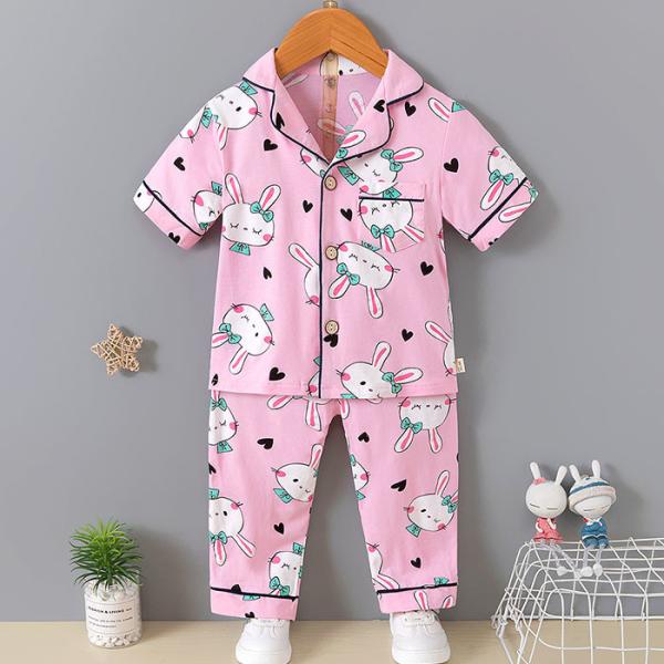 Short Sleeved Cardigan Pajama Set Full Flower Button Up Pyjamas For 120cm Height