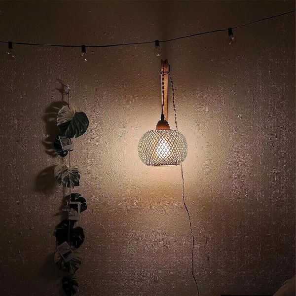 Natural Rattan Wicker Hand-Woven  Bamboo Lantern Wall Lamp with plug  (WH-VR-136)