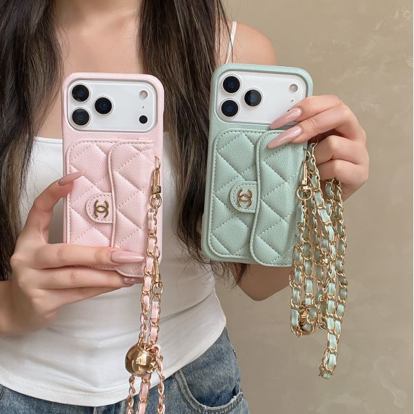 Caviar Diamond-patterned Card Slot Crossbody Chain case for 114 Pro Max, iPhone 16 Pro Protective Case, 17 Pro