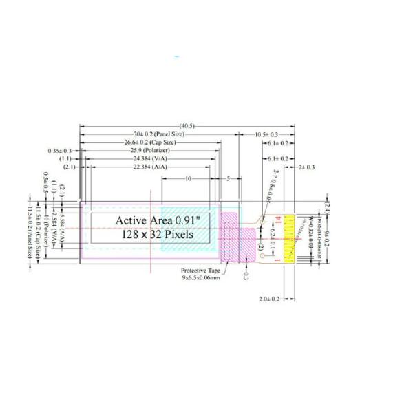 0.91 дюйм, 128x32 OLED дисплей, 14 пин I2C интерфейс, приводной IC SSD1306