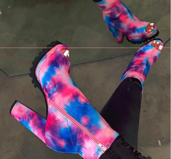 Colorful Snake Prints Waterproof Ladies High Heeled Boots Peep Toe Lace Up