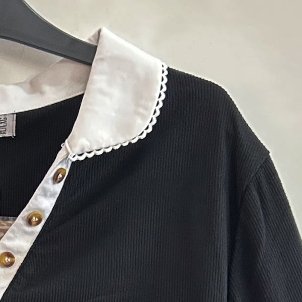 Women's Black Contrast Lace Collar Ribbed Short Sleeve Top