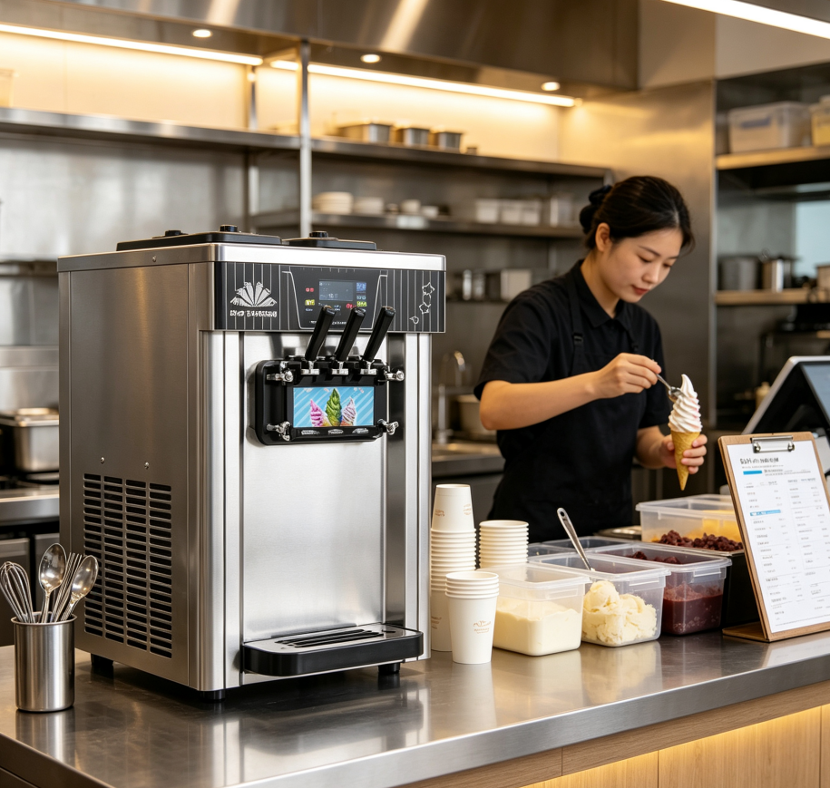 Commercial Soft Serve Ice Cream Machine with Double Cylinder Stainless Steel Design for 3 Flavors