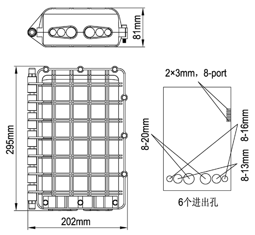 Прямо через размер портов 295 * 202 * 81мм коробки замка для канатов 6 волокна