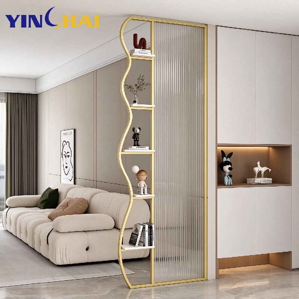  Stainless Steel Wave Shape Display Shelf Room Dividers With Fluted Tempered Glass