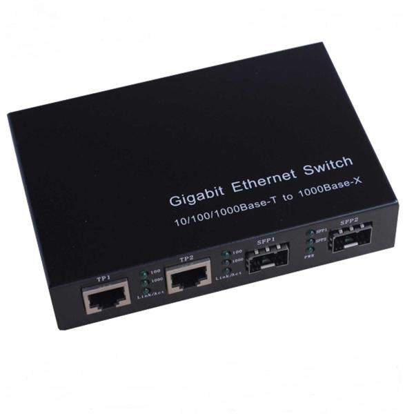 10/100/1000M Media Converter 2-TX + 2-FX(SFP) Port Fiber Switch 