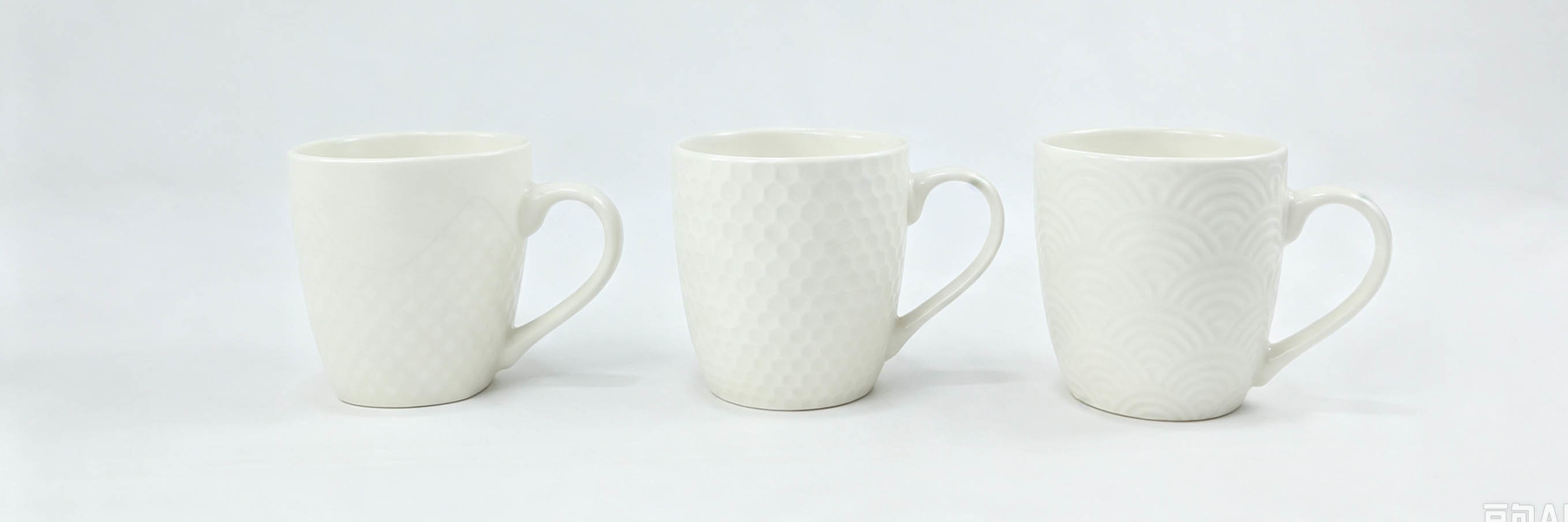 6‑Piece Embossed White Ceramic Mug Set, Assorted Textured Solid‑Color Coffee Mugs
