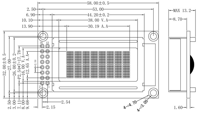 Модуль LCD характера VATN 8x2 показывает точки 5×8 с дисплеем курсора цифробуквенным