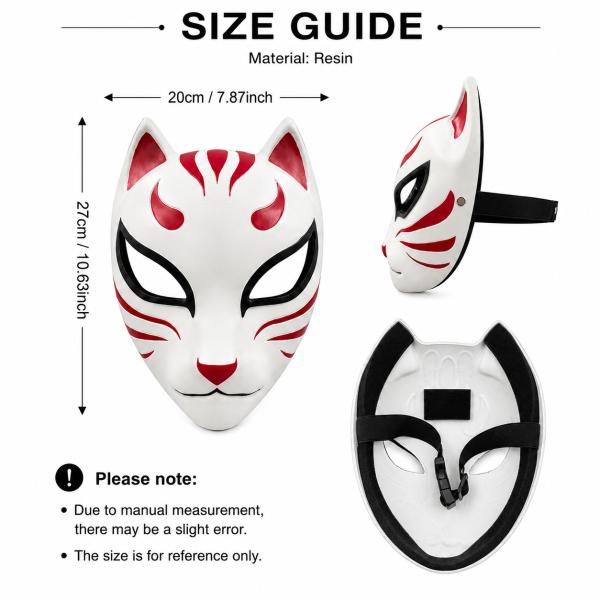 Premium Resin Kitsune Fox Mask - Authentic Japanese Anime Cosplay Half Face Mask for Men & Women. Traditional Kabuki Costume Accessory with Foam Padding & Adjustable Buckle Strap for Halloween Party