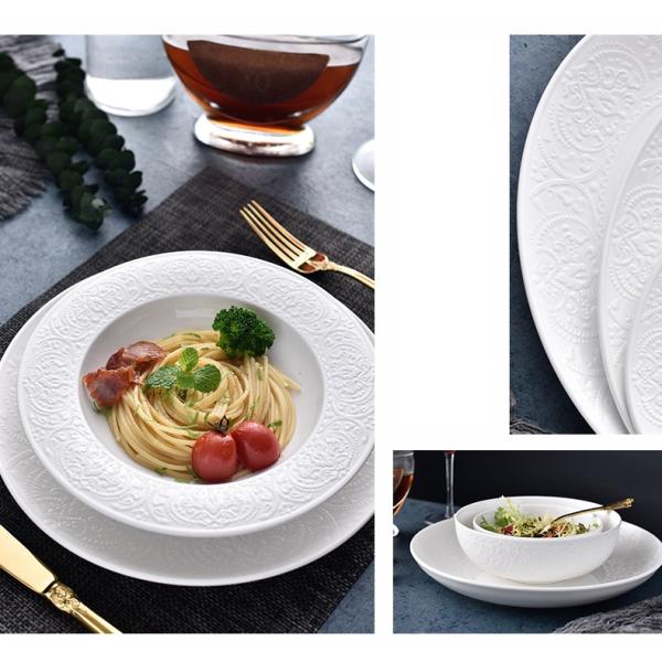 Shabby Chic White Porcelain Dinnerware Sets Spot Embossed Scratches Resistant