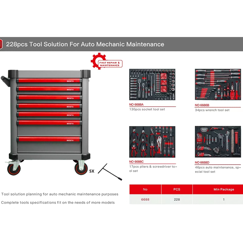 228 Piece Car Workshop Aluminium Mechanics Tool Set With Box Cabinet Trolley