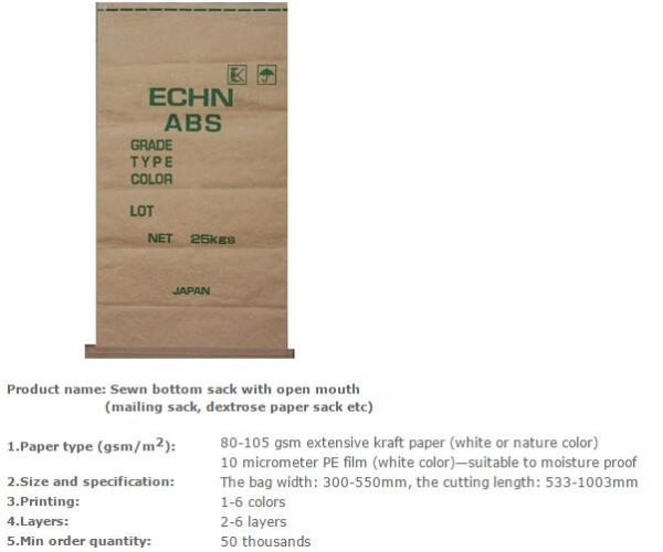 sewn bottom sack with open mouth,extensive kraft paper bag,mailing sack,dextrose paper sack,shopping bags with round han