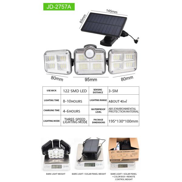Powered Outdoor Solar LED Wall Lights With Sensor 195x130x100mm 122 SMD LED 1.8w