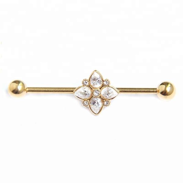 Gold plated piercing clear gems industrial barbell surgical steel