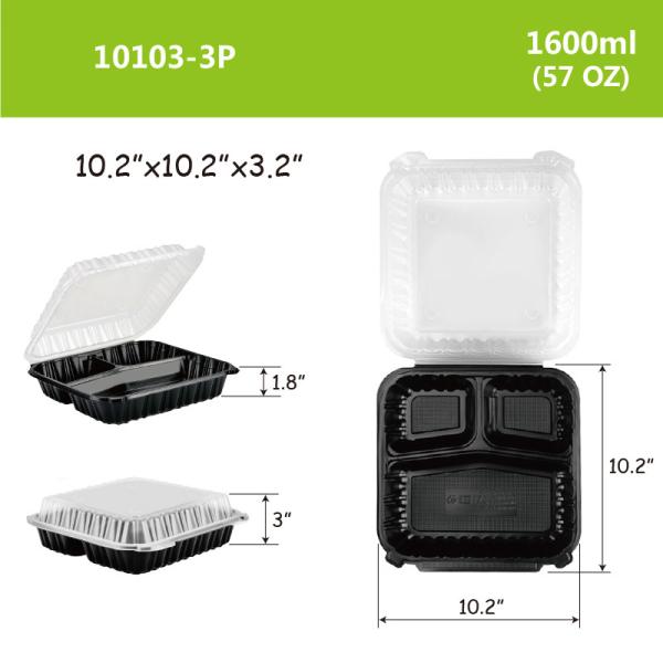 Reusable Plastic Food Packaging Box PP Hinged Lid Clamshell Container Microwavable 10.2”x10.2”x3.2”