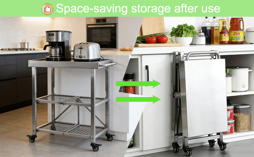 Foldable Stainless Steel Kitchen Cart With Wheels | Portable Kitchen Island, Microwave Stand & Storage Cart For Home, Restaurant & BBQ