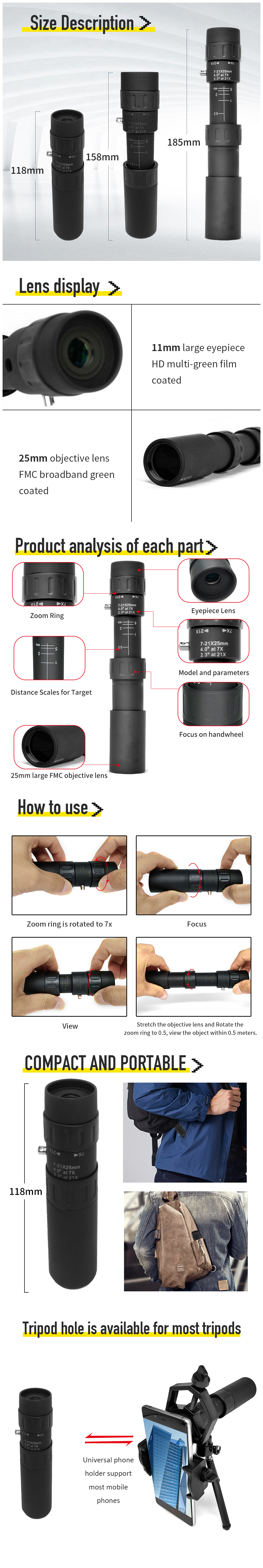 компакта доказательства удара сигнала 7-21x25 телескоп Monocular Monocular