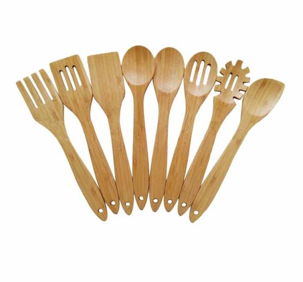 Reusable Bamboo Kitchen Cooking Utensil Set Organic 8 Pieces With Utensils Holder