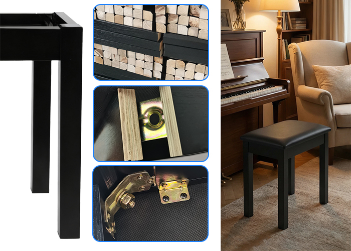 Single Solid Wood Piano Bench Black PU Padded Keyboard Stool For Piano Digital Keyboard