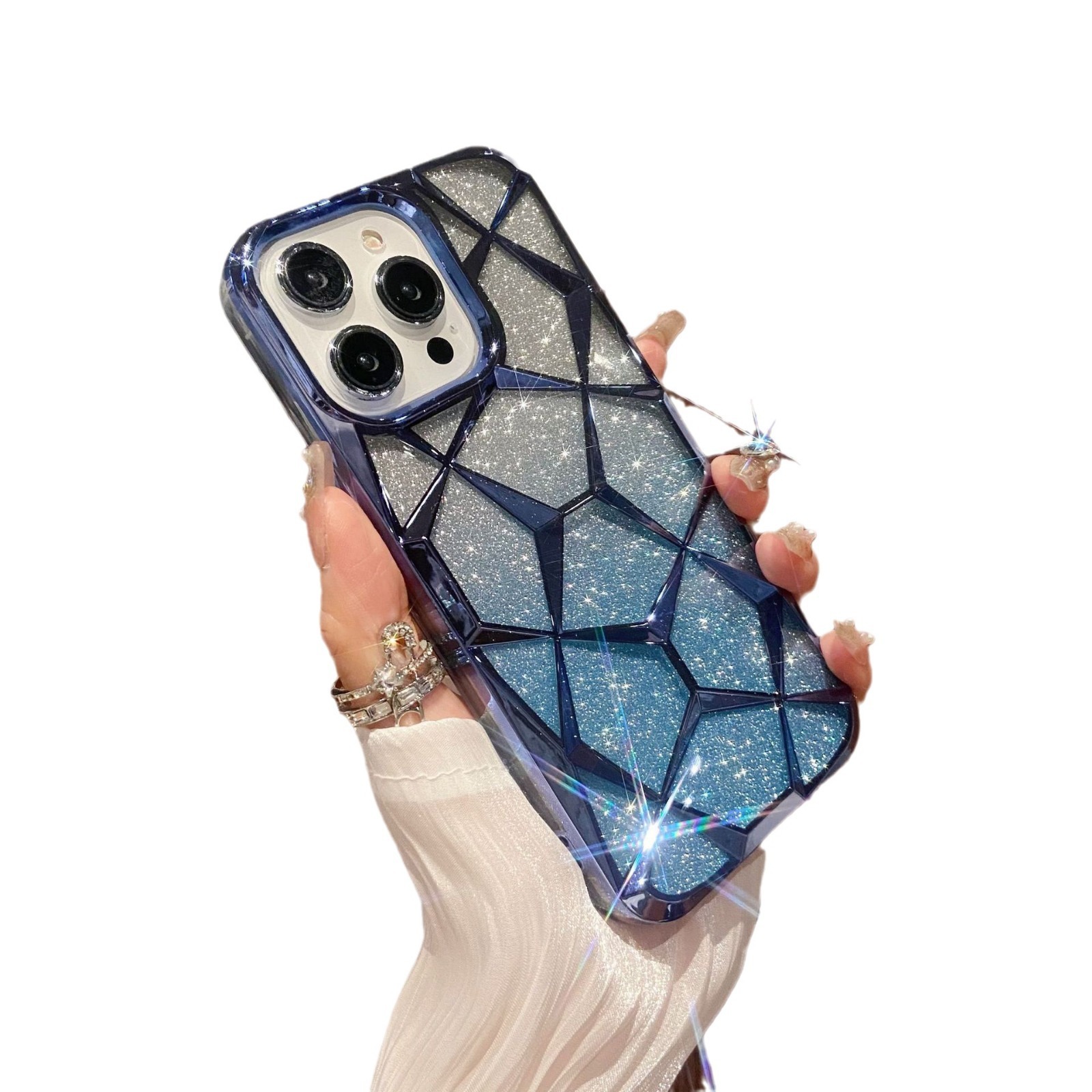 PC Premium Geometric Quilted Gradient Glitter Soft Waterproof Shockproof Mobile Phone Case for for 11 12 13 14 15 Pro Max